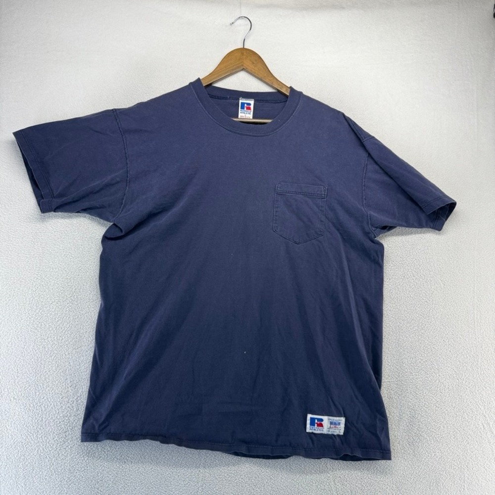 Vintage Russell Athletic Shirt Mens Large Navy Blue Blank Sun Faded USA made 90s